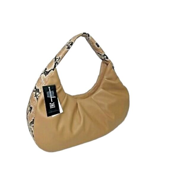 NWT INC Kj wedge faux-leather snake trim women's hobo shoulder bag CAMEL - Picture 3 of 7